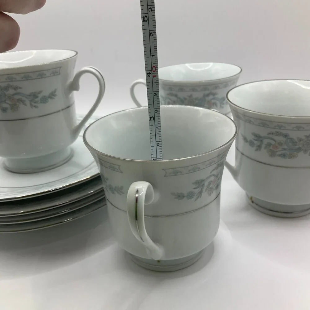 Somerset  Blue, Pink & Green Flowers w/Blue Ribbon Silver Trimmed Cups & Saucers